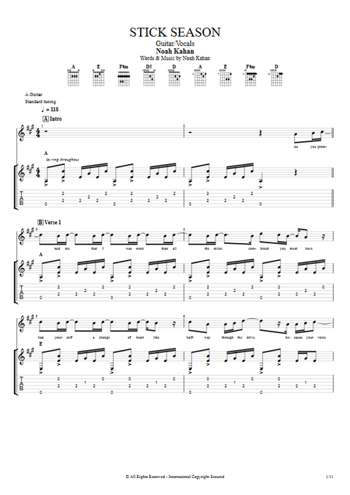 Stick Season Noah Kahan guitar pro tab Full Score Guitar & Vocals mysongbook