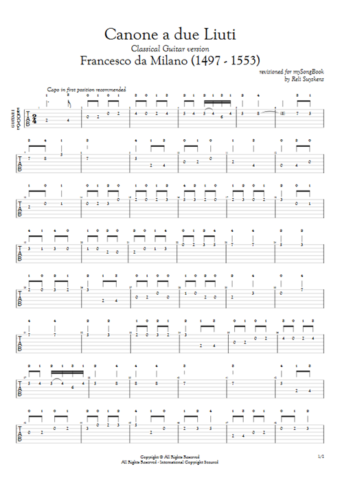 Canone a due Liuti Francesco da Milano guitar pro tab AGuitarI Guitar Duet mysongbook