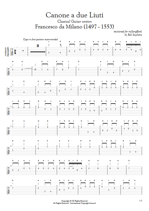 Canone a due Liuti Francesco da Milano guitar pro tab AGuitarII Guitar Duet mysongbook