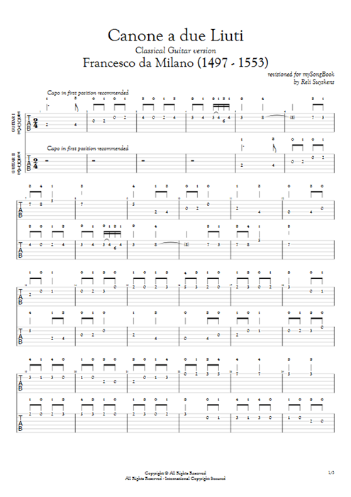 Canone a due Liuti Francesco da Milano guitar pro tab Full Score Guitar Duet mysongbook
