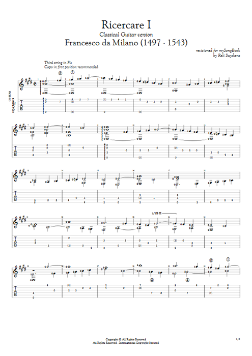 Ricercare I Francesco da Milano guitar pro tab AGuitar Solo Guitar mysongbook