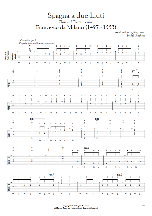 Spagna a Due Liuti Francesco da Milano guitar pro tab AGuitarI Guitar Duet mysongbook