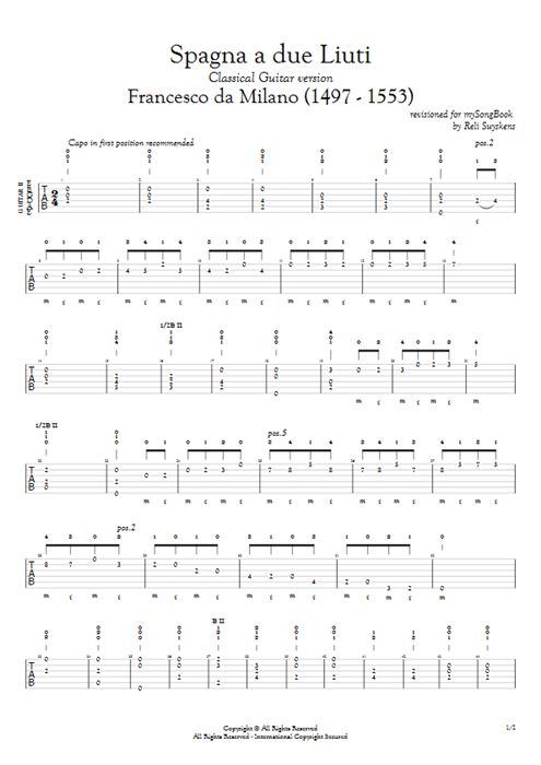 Spagna a Due Liuti Francesco da Milano guitar pro tab AGuitarII Guitar Duet mysongbook