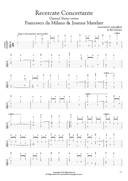 Recercate Concertante Francesco da Milano guitar pro tab AGuitarI Guitar Duet mysongbook
