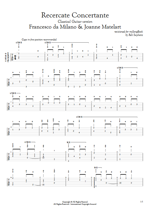 Recercate Concertante Francesco da Milano guitar pro tab AGuitarII Guitar Duet mysongbook