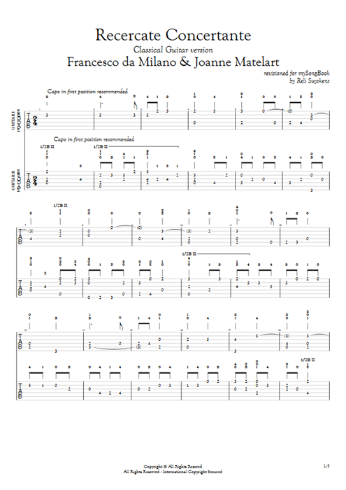 Recercate Concertante Francesco da Milano guitar pro tab Full Score Guitar Duet mysongbook