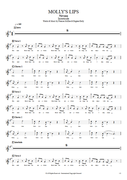 Molly's Lips Nirvana guitar pro tab Vocals Full Score mysongbook