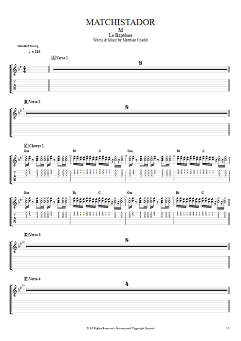 Matchistador Mathieu Chedid guitar pro tab EGuitarIII Full Score mysongbook