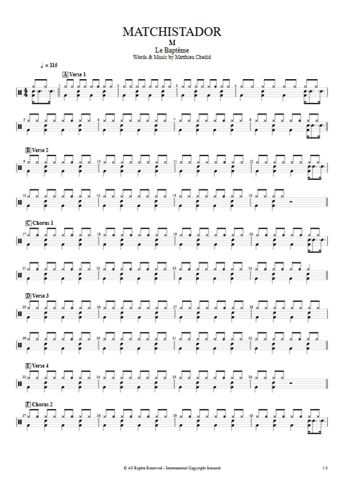 Matchistador Mathieu Chedid guitar pro tab Drums Full Score mysongbook