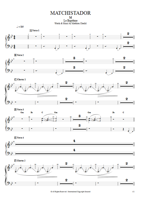 Matchistador Mathieu Chedid guitar pro tab EPiano Full Score mysongbook