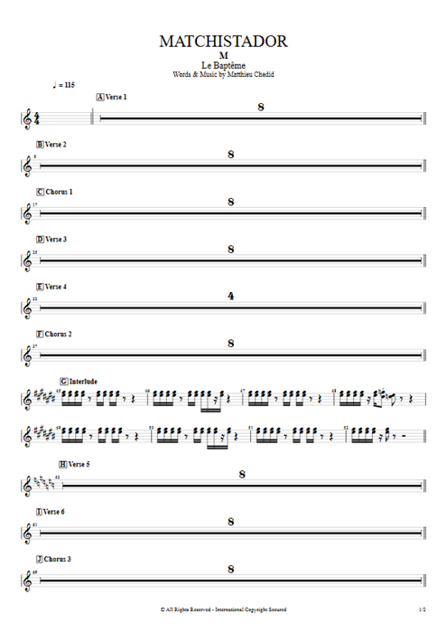 Matchistador Mathieu Chedid guitar pro tab Trumpet Full Score mysongbook