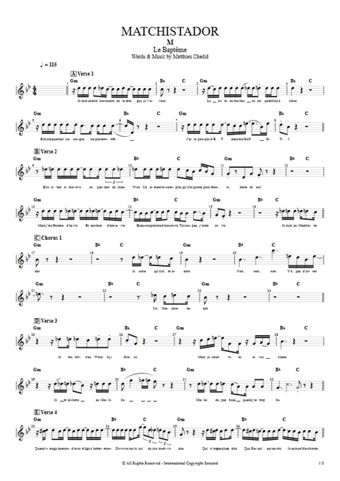 Matchistador Mathieu Chedid guitar pro tab Vocals Full Score mysongbook