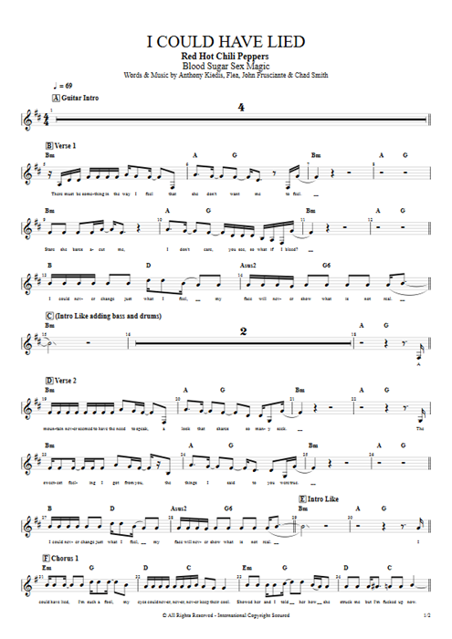 I Could Have Lied Red Hot Chili Peppers guitar pro tab Vocals Full Score mysongbook