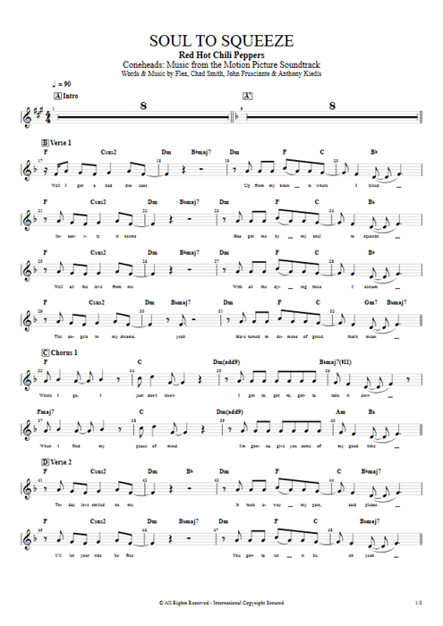 Soul to Squeeze Red Hot Chili Peppers guitar pro tab Vocals Full Score mysongbook