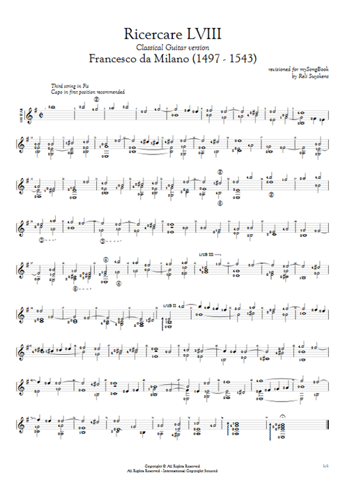 Ricercare LVIII Francesco da Milano guitar pro tab AGuitar Solo Guitar mysongbook