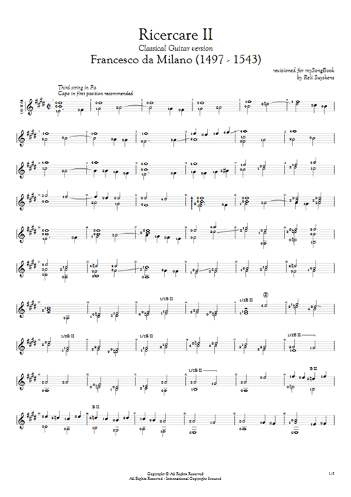Ricercare II Francesco da Milano guitar pro tab AGuitar Solo Guitar mysongbook