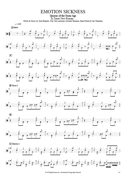 Emotion Sickness Queens of the Stone Age guitar pro tab Drums Full Score mysongbook