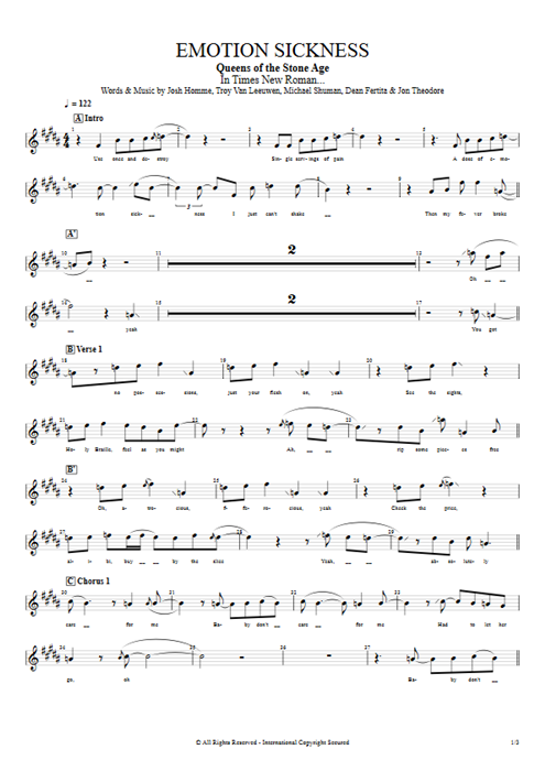 Emotion Sickness Queens of the Stone Age guitar pro tab Vocals Full Score mysongbook