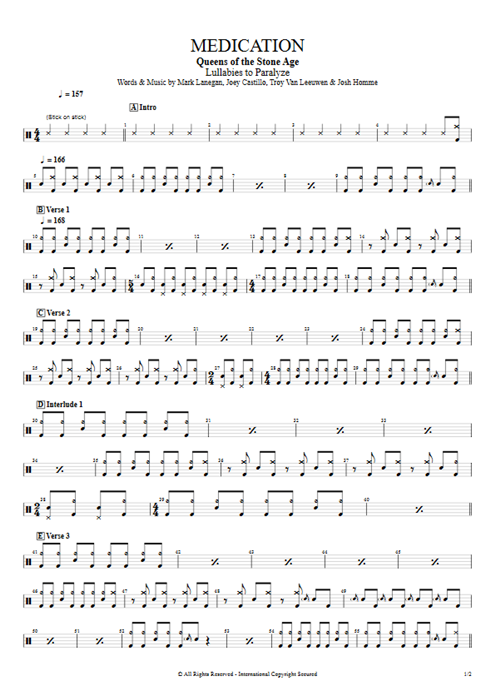 Medication Queens of the Stone Age guitar pro tab Drums Full Score mysongbook