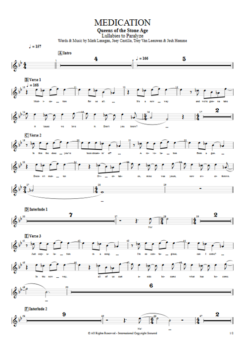 Medication Queens of the Stone Age guitar pro tab Vocals Full Score mysongbook