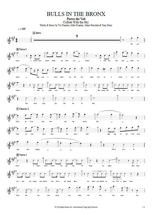 Bulls in the Bronx Pierce the Veil guitar pro tab Vocals Guitars, Bass & Backing Track mysongbook
