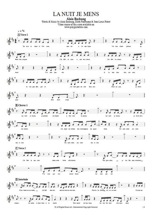 La nuit je mens Alain Bashung guitar pro tab Vocals Acoustic Guitar mysongbook