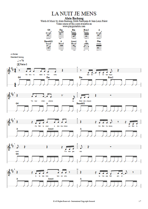 La nuit je mens Alain Bashung guitar pro tab Full Score Acoustic Guitar mysongbook