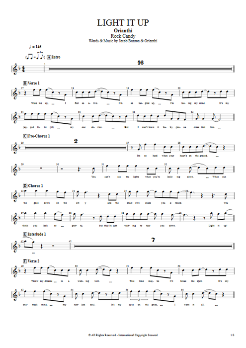 Light it Up Orianthi guitar pro tab Vocals Full Score mysongbook