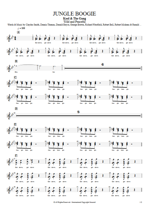 Jungle Boogie Kool & the Gang guitar pro tab VocalsI Guitar, Bass & Backing Track mysongbook