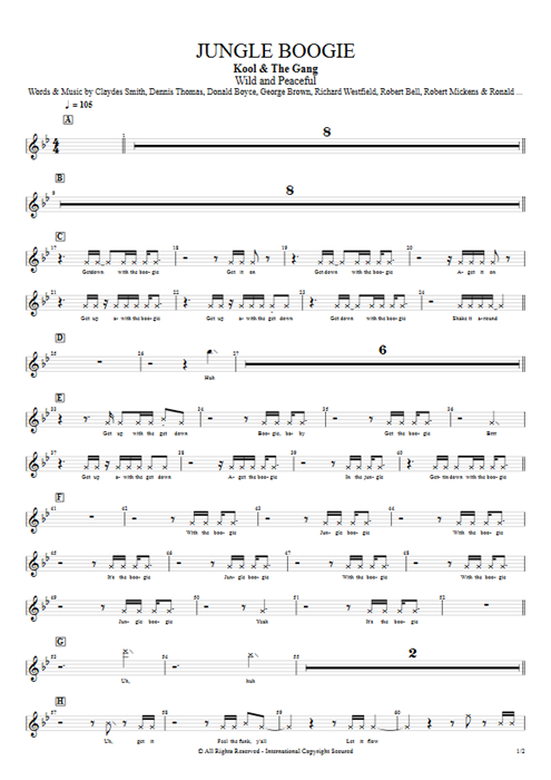Jungle Boogie Kool & the Gang guitar pro tab VocalsII Guitar, Bass & Backing Track mysongbook