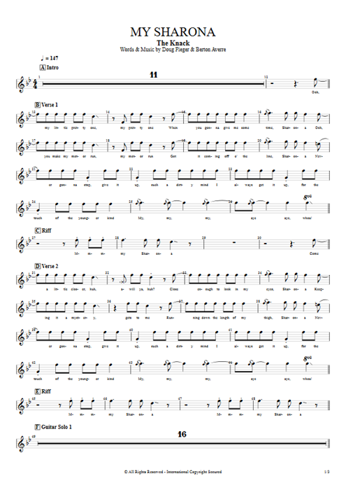 My Sharona The Knack guitar pro tab Vocals Lead Guitar mysongbook