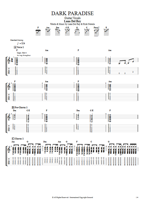 Dark Paradise Lana Del Rey guitar pro tab AGuitar Guitar & Vocals mysongbook