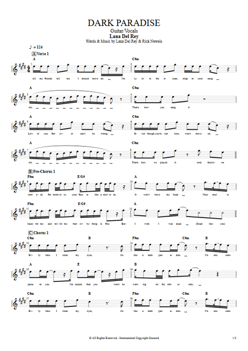 Dark Paradise Lana Del Rey guitar pro tab Vocals Guitar & Vocals mysongbook
