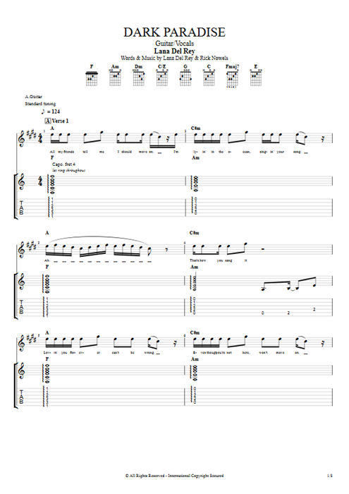 Dark Paradise Lana Del Rey guitar pro tab Full Score Guitar & Vocals mysongbook