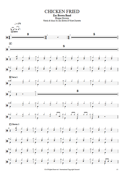 Chicken Fried Zac Brown Band guitar pro tab Drums Full Score mysongbook
