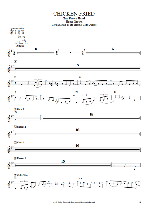Chicken Fried Zac Brown Band guitar pro tab Violin Full Score mysongbook