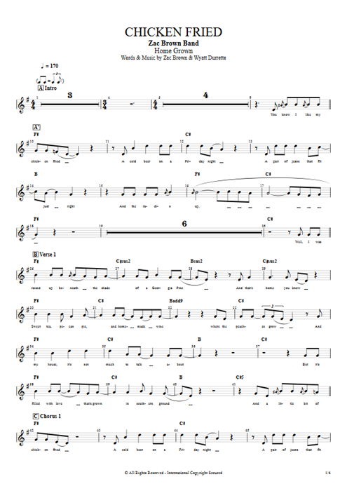 Chicken Fried Zac Brown Band guitar pro tab Vocals Full Score mysongbook