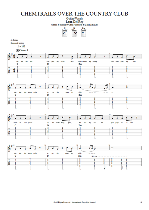 Chemtrails Over the Country Club Lana Del Rey guitar pro tab Full Score Guitar & Vocals mysongbook
