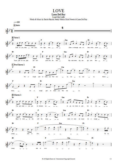 Love Lana Del Rey guitar pro tab Vocals Guitar & Vocals mysongbook