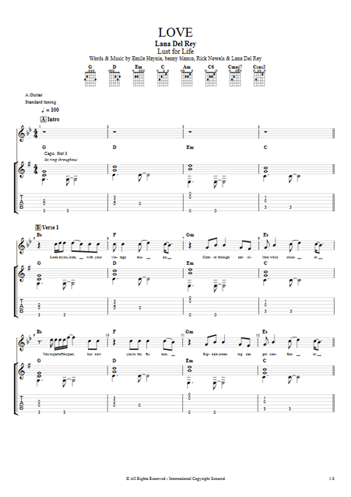 Love Lana Del Rey guitar pro tab Full Score Guitar & Vocals mysongbook