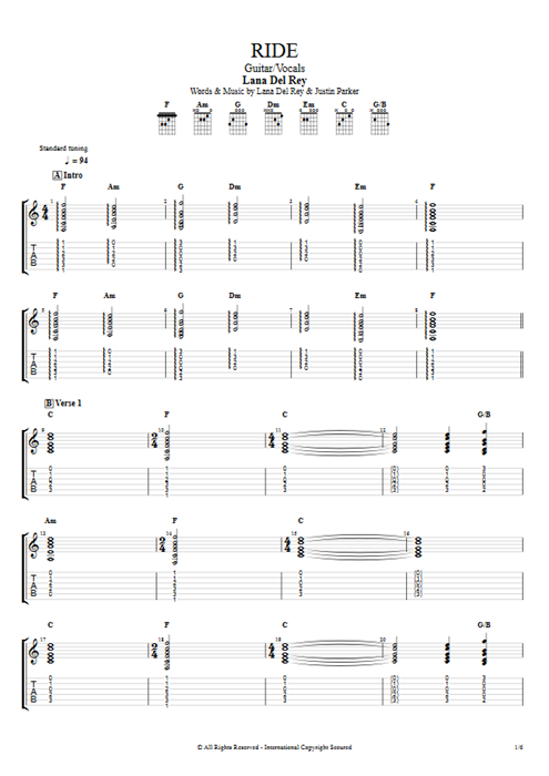Ride Lana Del Rey guitar pro tab AGuitar Guitar & Vocals mysongbook