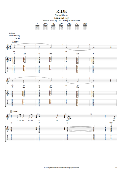 Ride Lana Del Rey guitar pro tab Full Score Guitar & Vocals mysongbook