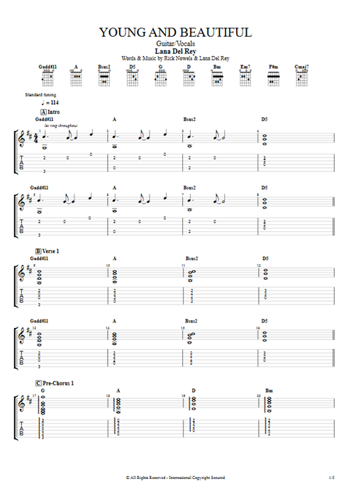 Young and Beautiful Lana Del Rey guitar pro tab AGuitar Guitar & Vocals mysongbook