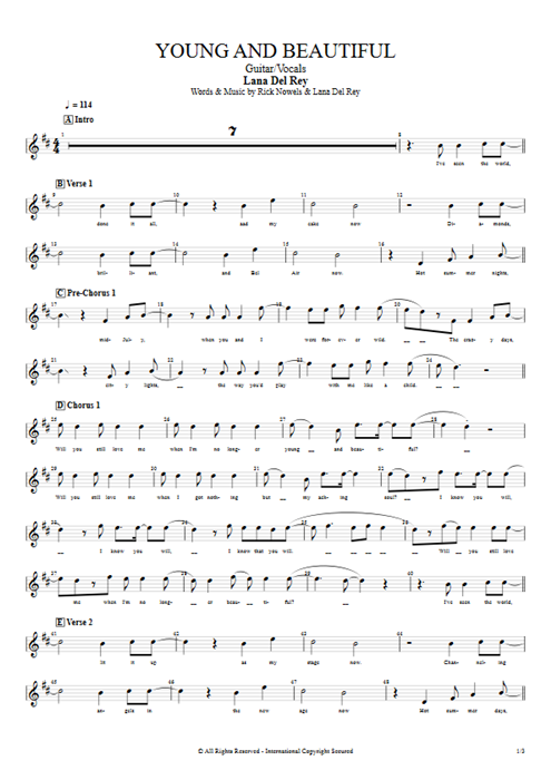 Young and Beautiful Lana Del Rey guitar pro tab Vocals Guitar & Vocals mysongbook