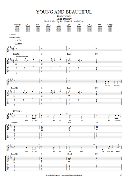 Young and Beautiful Lana Del Rey guitar pro tab Full Score Guitar & Vocals mysongbook