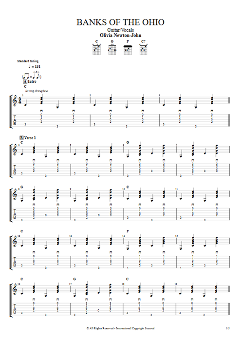 Banks of the Ohio Olivia Newton-John guitar pro tab AGuitar Guitar & Vocals mysongbook