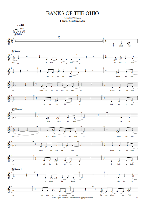 Banks of the Ohio Olivia Newton-John guitar pro tab Vocals Guitar & Vocals mysongbook