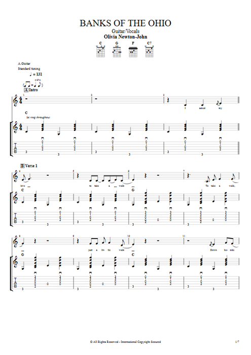Banks of the Ohio Olivia Newton-John guitar pro tab Full Score Guitar & Vocals mysongbook
