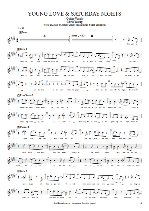 Young Love & Saturday Nights Chris Young guitar pro tab Vocals Guitar & Vocals mysongbook