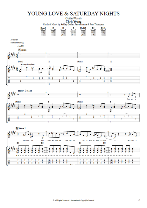 Young Love & Saturday Nights Chris Young guitar pro tab Full Score Guitar & Vocals mysongbook